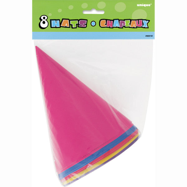 Pack of 8 Assorted Colours Party Cone Hats