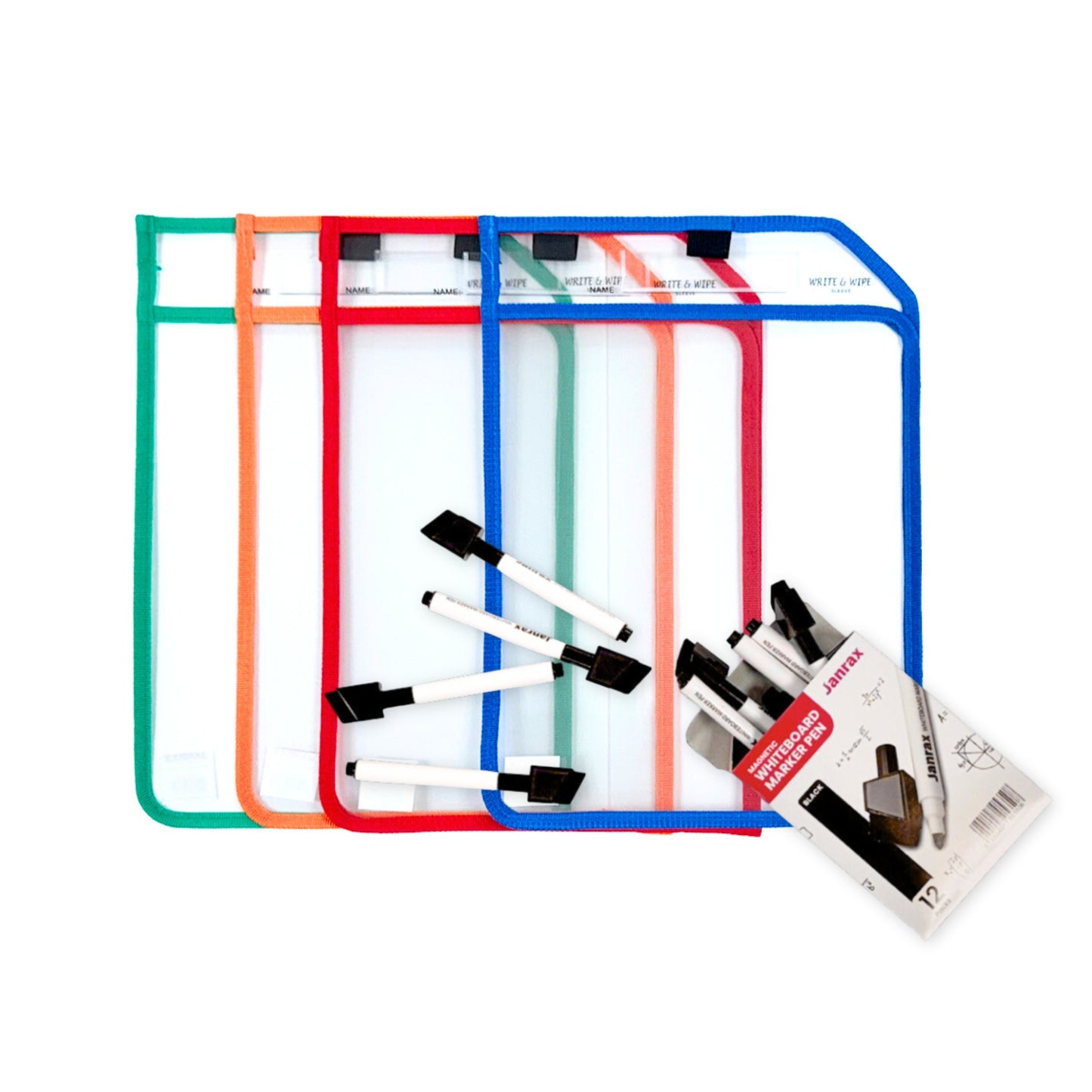 Pack of 4 Assorted Coloured Edge Clear Dry Erase Write and Wipe Reusable Sleeve Pockets With 12 Markers
