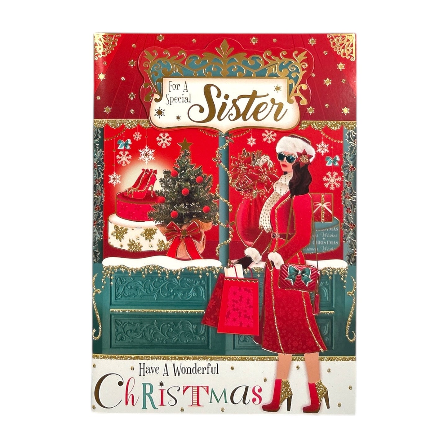 For a Special Sister Beautiful Lady With Bags Design Christmas Card