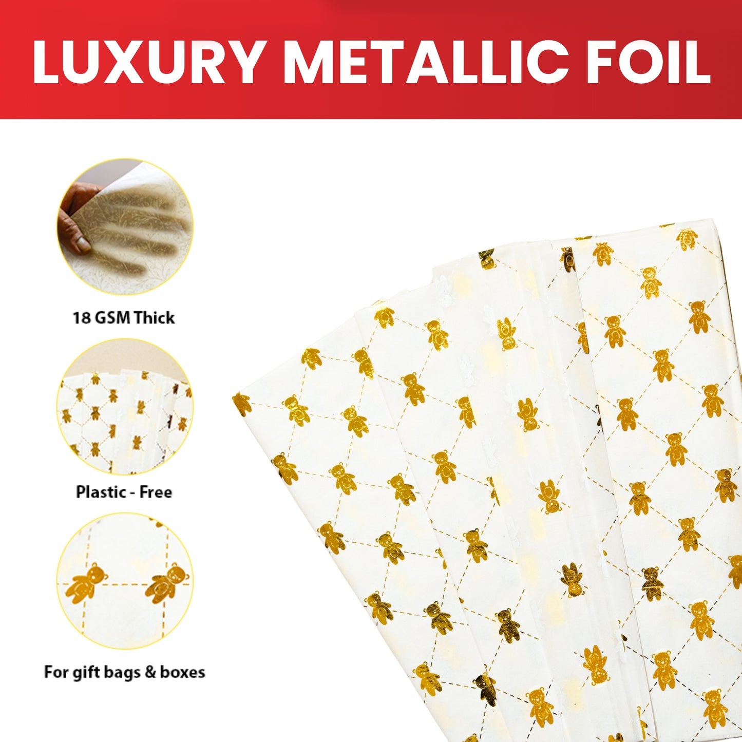 20 x Pack of 10 Teddy Bear Luxury Gold Metallic Plastic-Free 18gsm Tissue Paper Sheets 50x70cm - Patterned Tissue Paper for Xmas, New Year, Party, Wedding, Birthday Packing Present Gift Box DIY Art Crafts