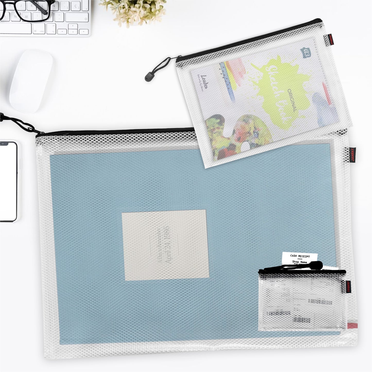 Pack of 5 Premium Assorted Sizes Black Zip Mesh Bags by Janrax