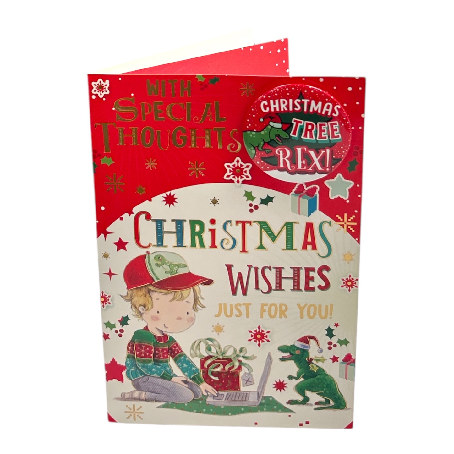 Just for You Christmas Tree Rex Dinosaur Design Christmas Card with Badge