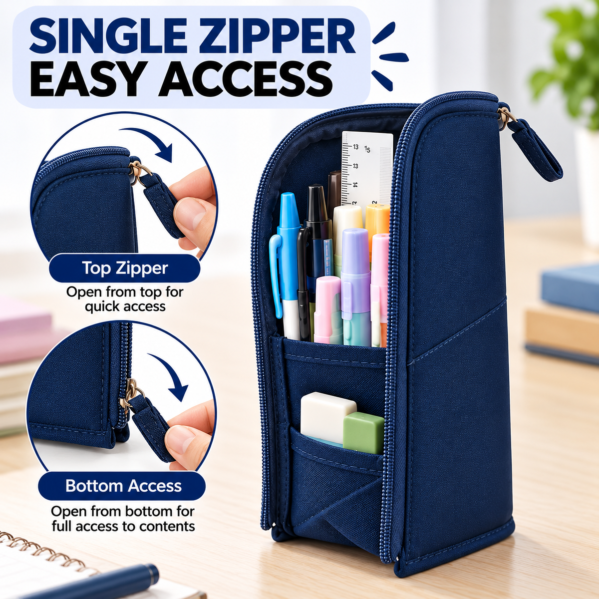 Pack of 6 Blue Standing Zip Pencil Cases 19.5 x 5 x 9cm