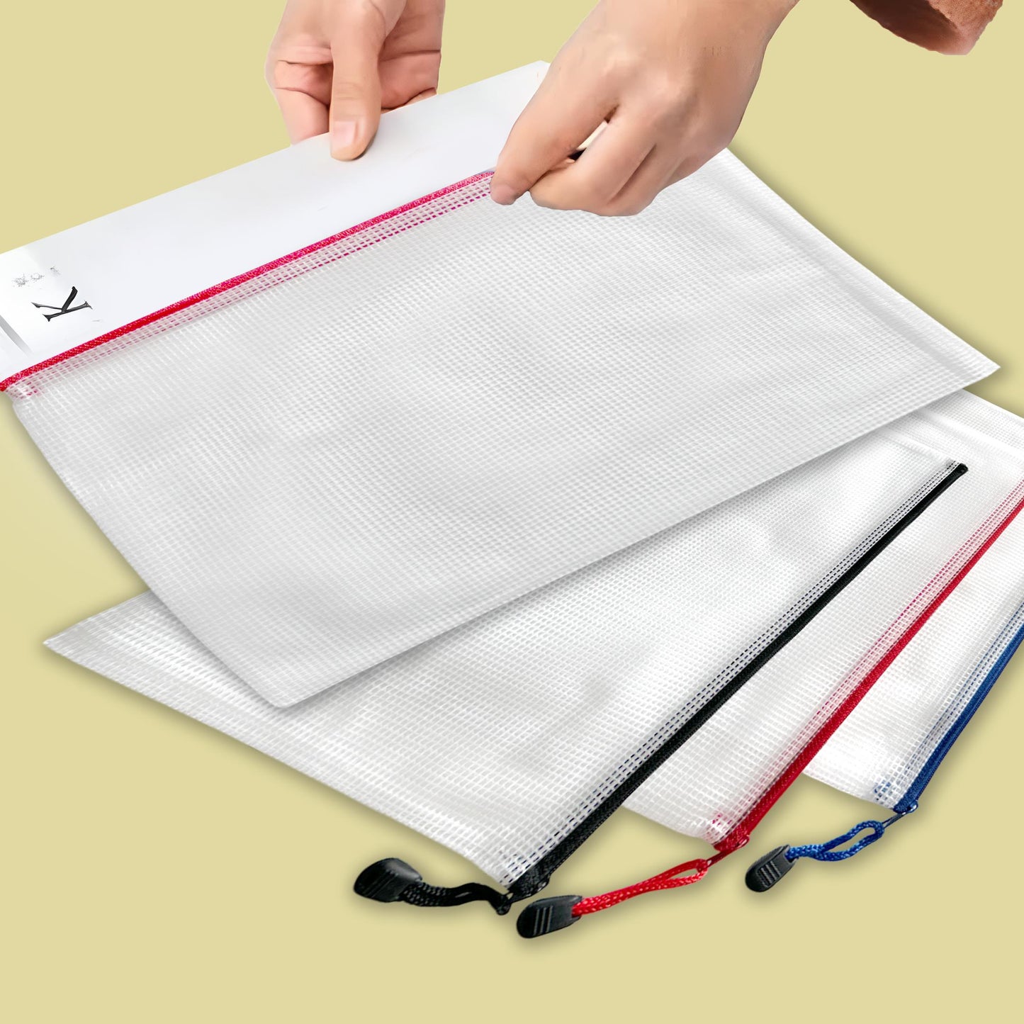 Pack of 3 Red Zip Assorted Sizes Strong Mesh Bags - A3, A4, A5 - Tough Waterproof Storage