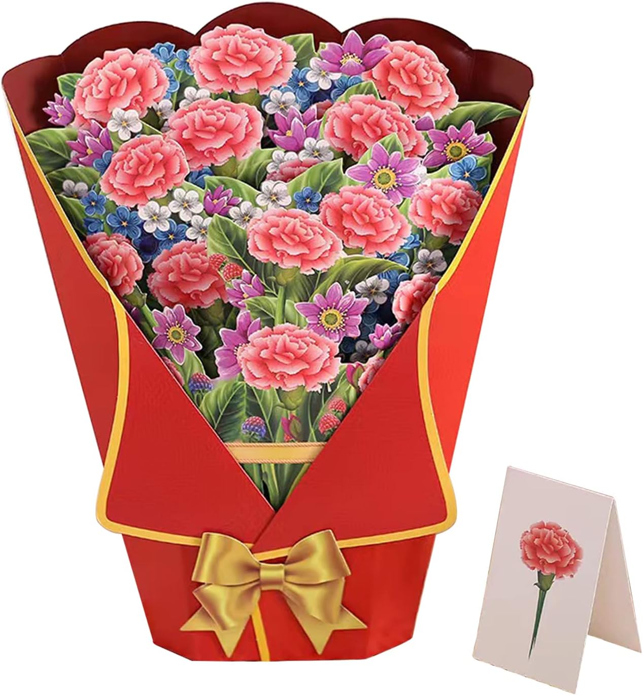Carnation Bouquet Charm Red Wrap 3D Pop Up Greeting Card - Christmas Mother's Day Valentine's Day Wedding Anniversary