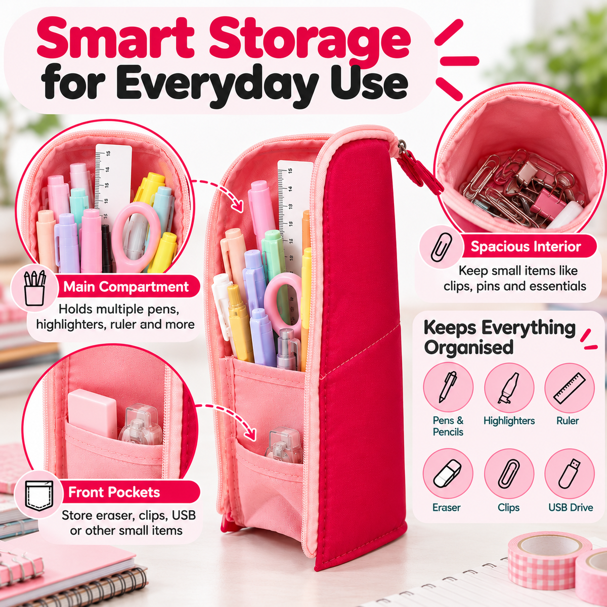 Pack of 6 Pink Standing Zip Pencil Cases 19.5 x 5 x 9cm