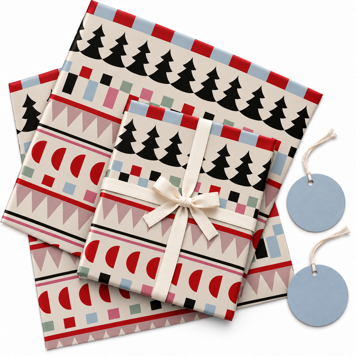 Pack of 2 Retro Christmas Rows Design 50 x 70 cm Gift Wrap Sheets with 2 Tags
