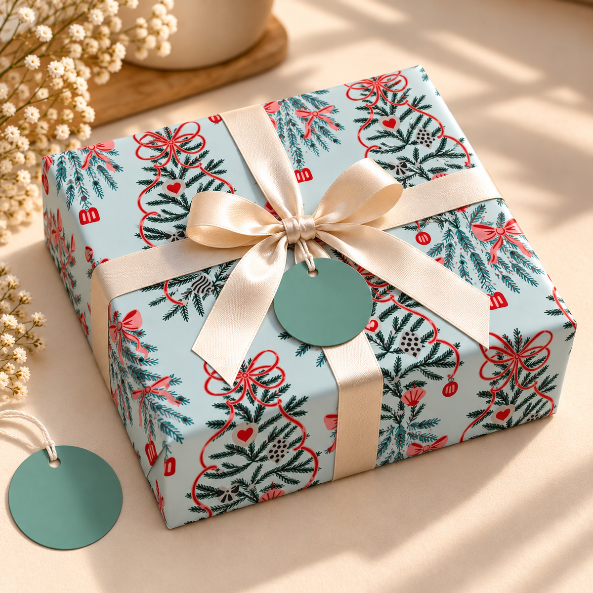 Pack of 2 Festive Tree Charm Design 50 x 70 cm Gift Wrap Sheets with 2 Tags - Christmas Seasonal Celebrations Winter Parties