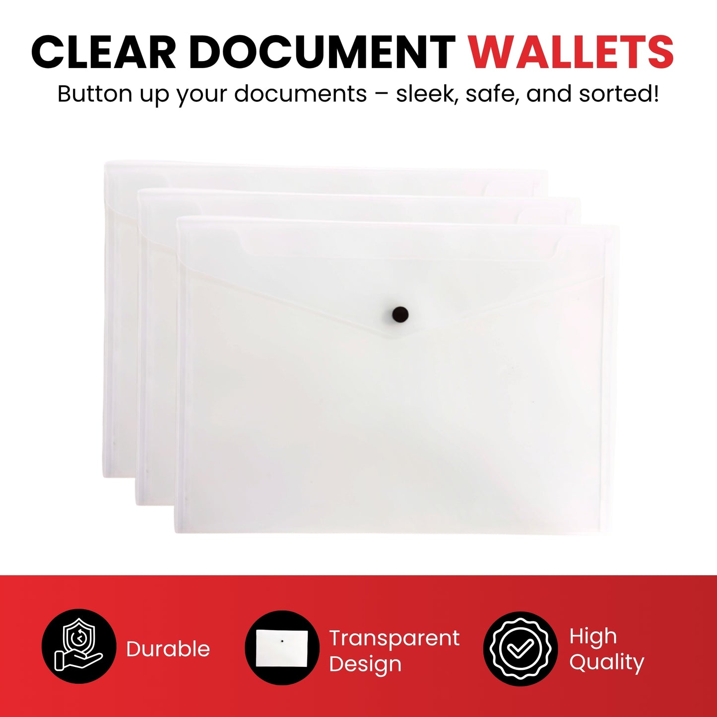 Pack of 20 Janrax A5 Clear Document Wallets - Button Stud Folder