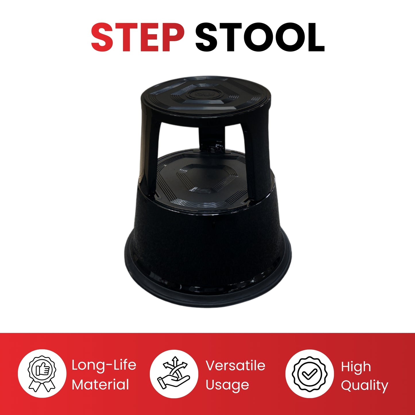 Red Metal Rolling Kick Step Stool with 150kg Capacity