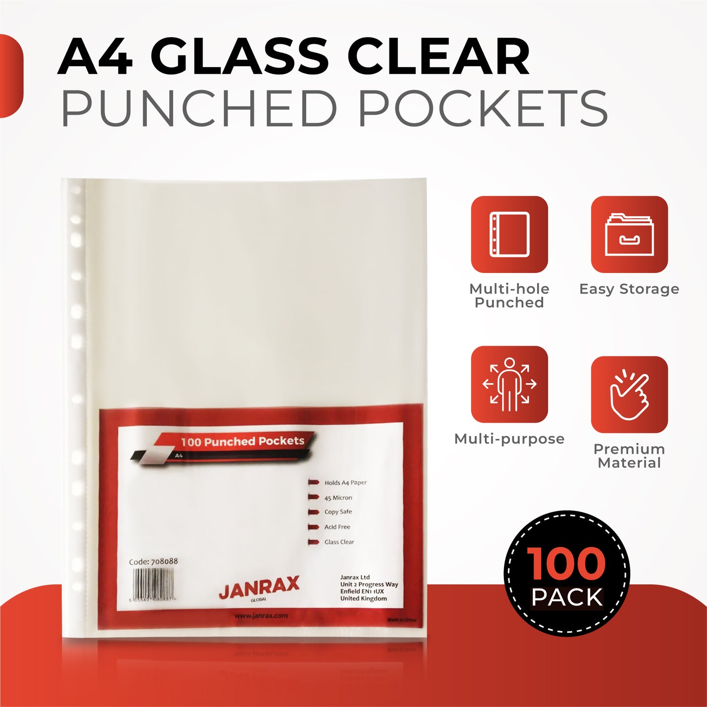 Pack of 500 A4 Glass Clear Punched Pockets by Janrax - Copy Safe Acid Free