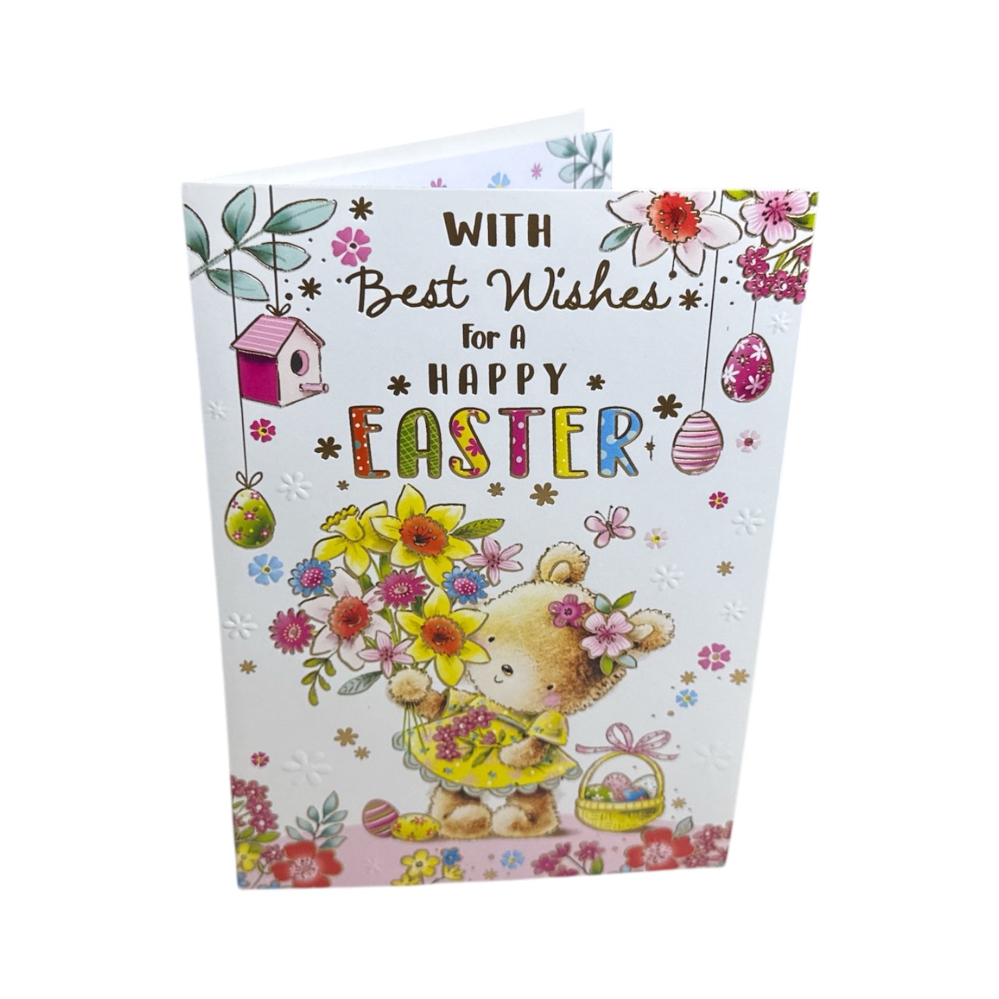 Teddy With Spring Flowers Design Open Easter Card