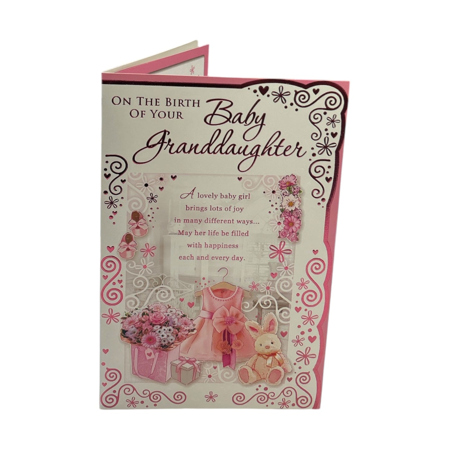 On The Birth Of Granddaughter Pink Dress And Teddy Design Opacity Congratulations Card