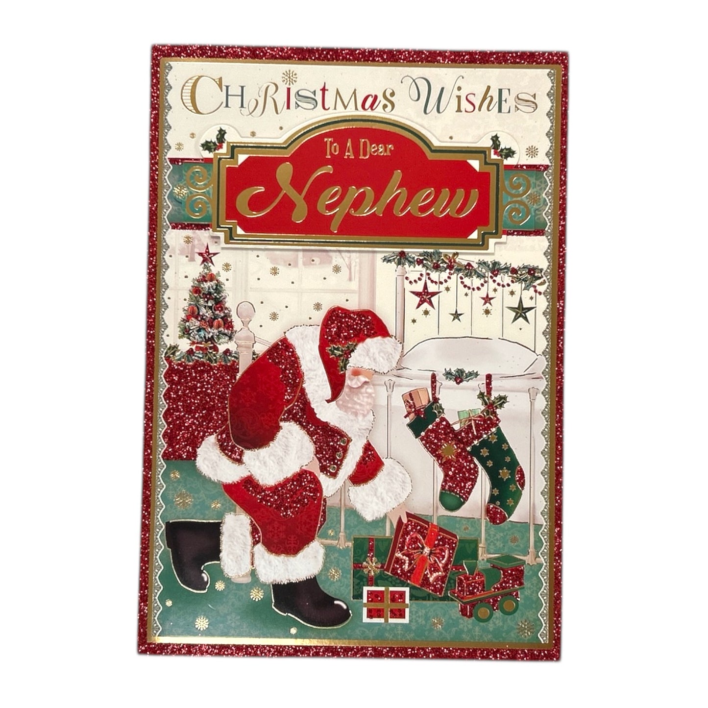 To a Dear Nephew Glitter Finished Santa Design Christmas Card
