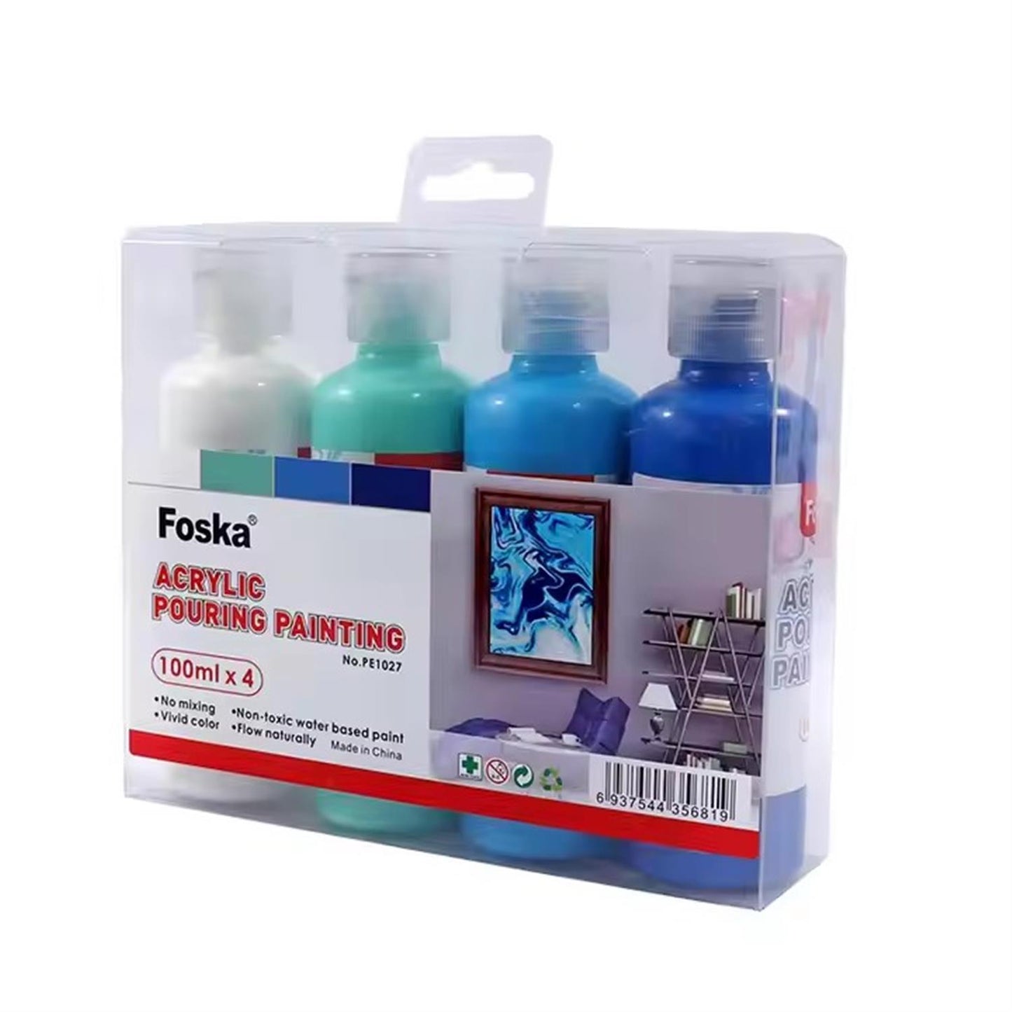 Pack of 4 Acrylic Pouring Paints 100ml- White, Green, Light Blue, Dark Blue
