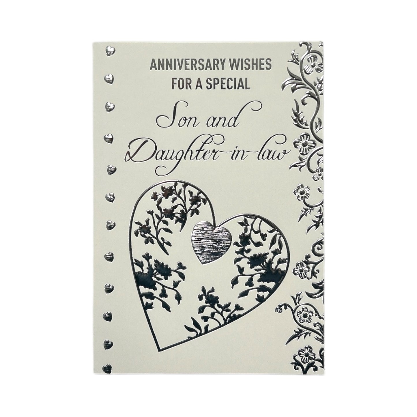 Son & Daughter-In-Law Traditional Silver Heart Floral Design Anniversary Wishes Card