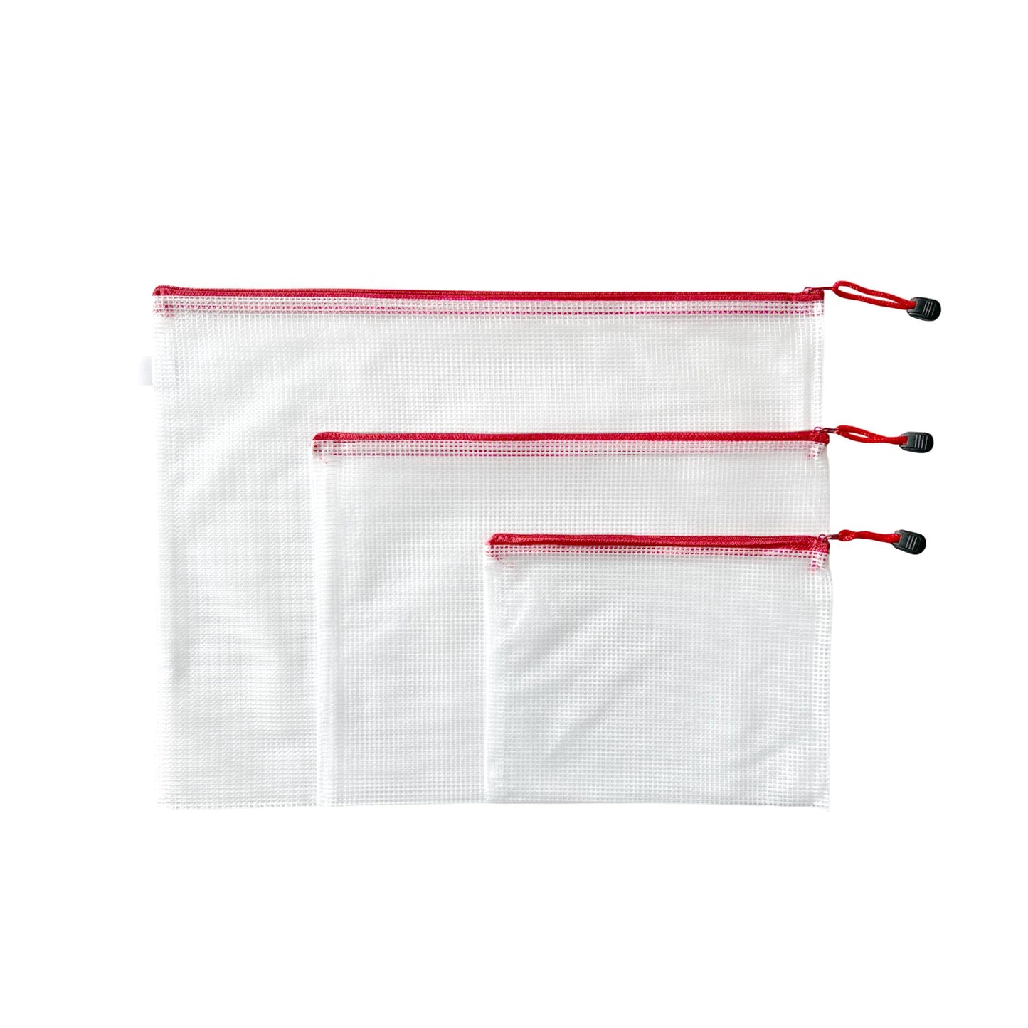 Pack of 3 Red Zip Assorted Sizes Strong Mesh Bags - A3, A4, A5 - Tough Waterproof Storage