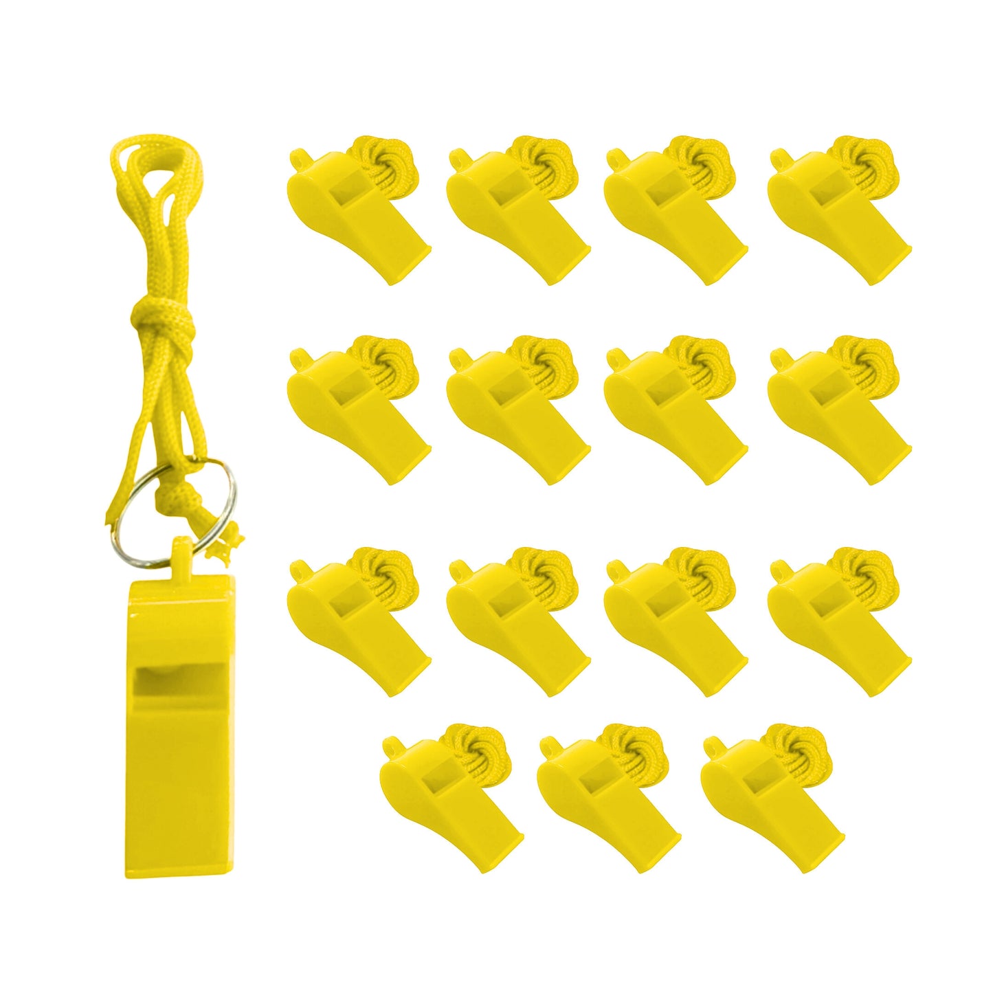 Pack of 50 Yellow Plastic Whistles with Lanyard Neck Cord