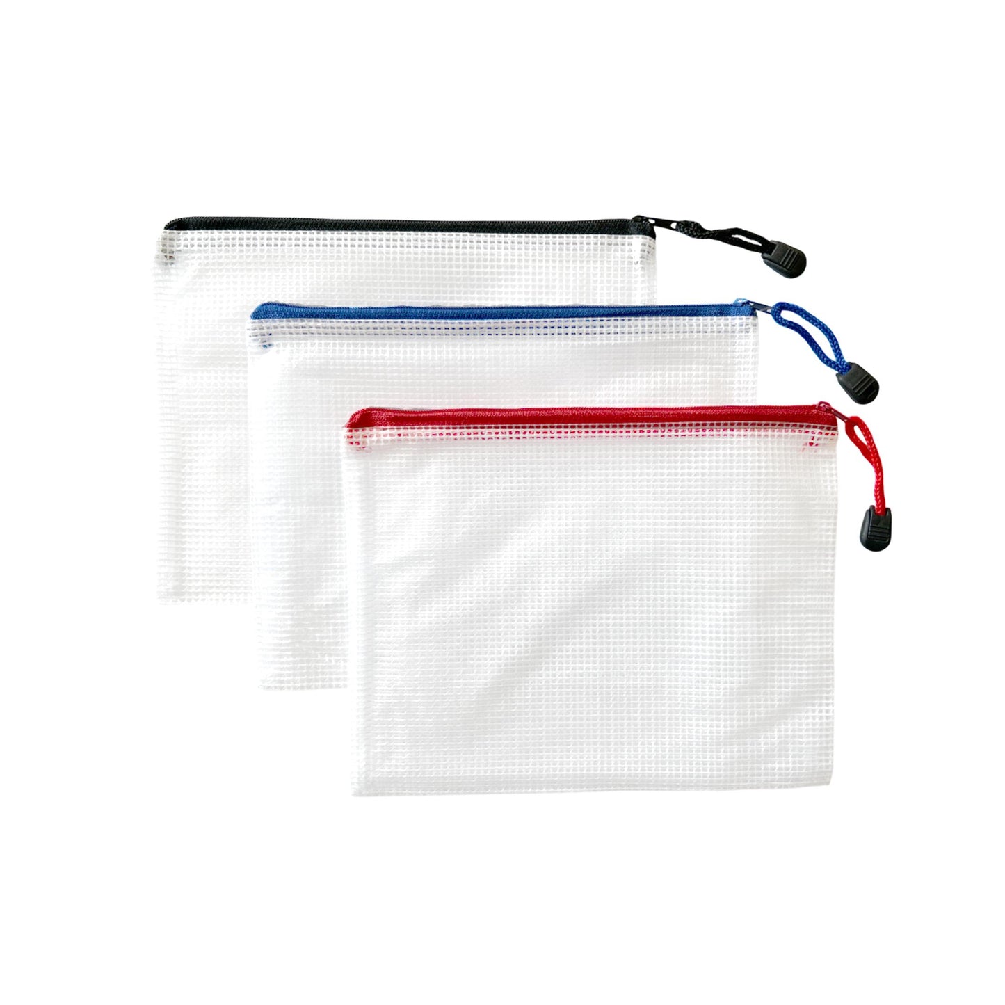 Pack of 3 A5 Assorted Coloured Strong Mesh Bags - Black, Blue, Red - Tough Waterproof Storage