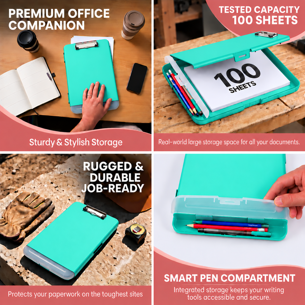 Pack of 12 A4 Cyan Green Plastic Clipboard Box Files With Pencil Holder - Storage Filing Case