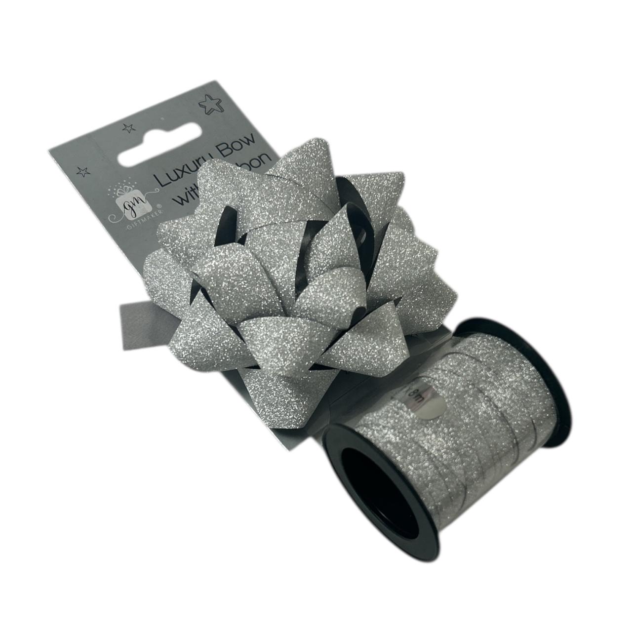 Luxury Sliver Glitter Bow With 8m Ribbon - Gift Wrap Christmas Birthday Decorations