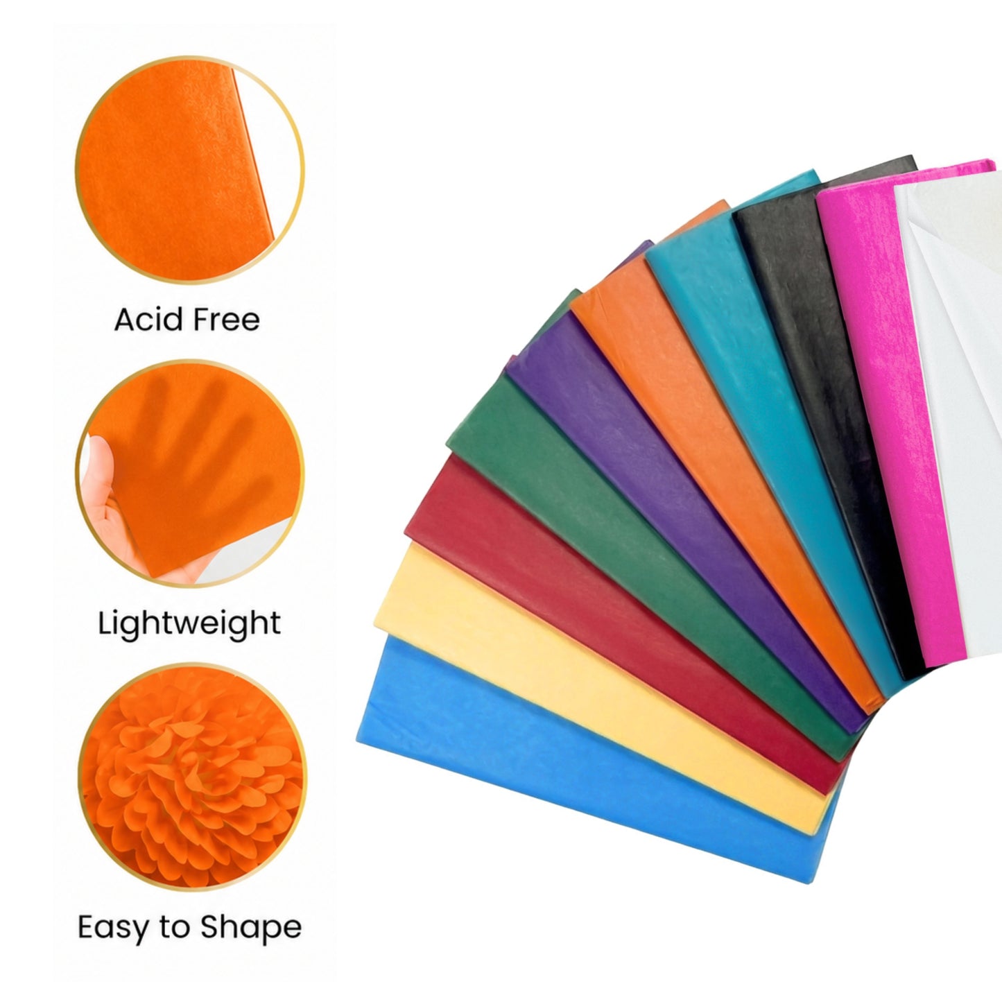 Pack of 180 Assorted Coloured Acid Free 50 x 70cm Tissue Paper Sheets