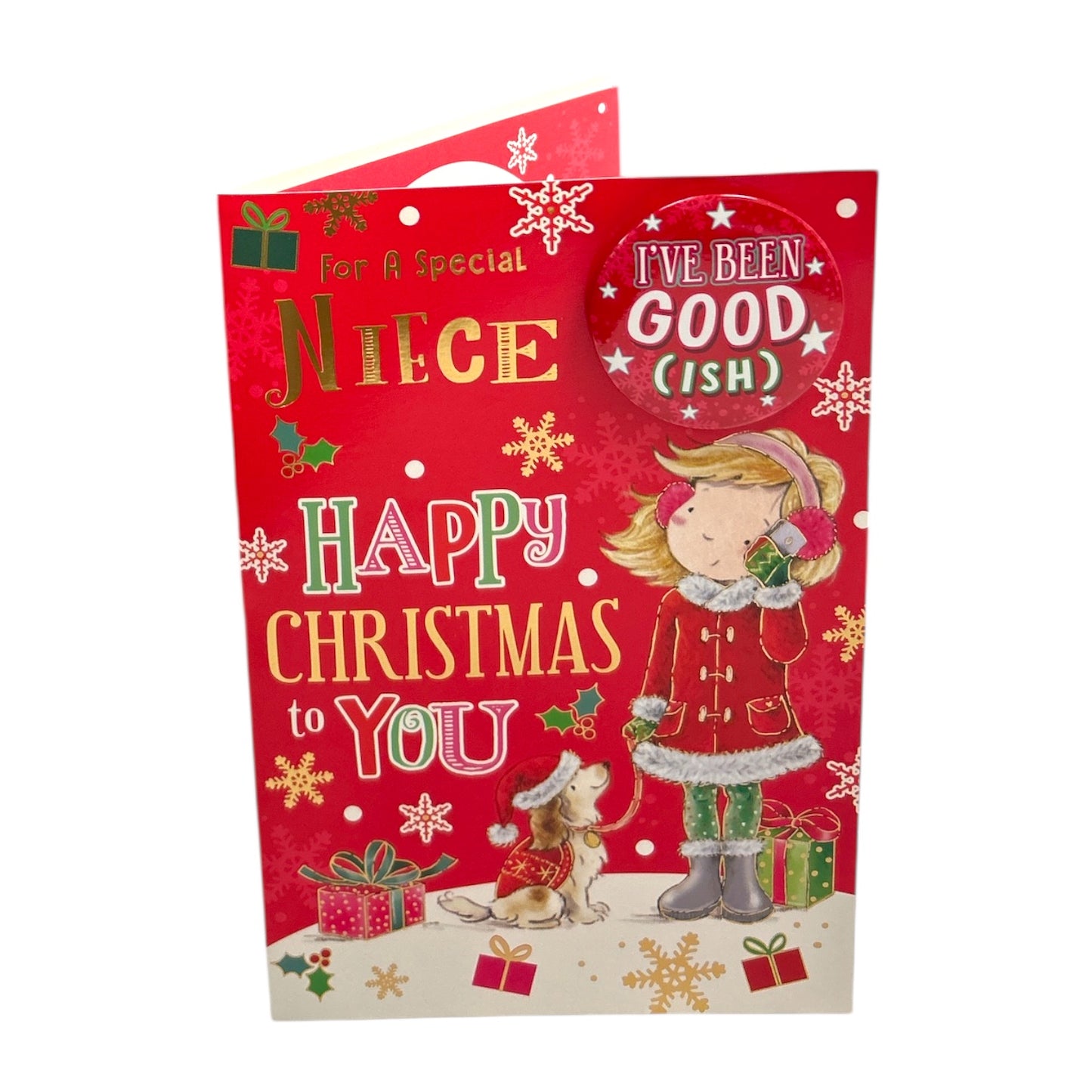 For a Special Niece Santa Pup & Snowflakes Christmas Card With Badge