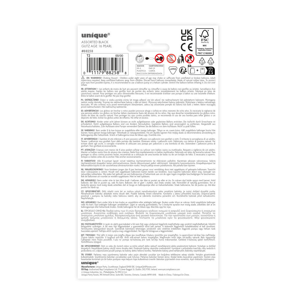 Pack of 6 Birthday Black Platinum Pearl Glitz Number 16 12" Latex Balloons