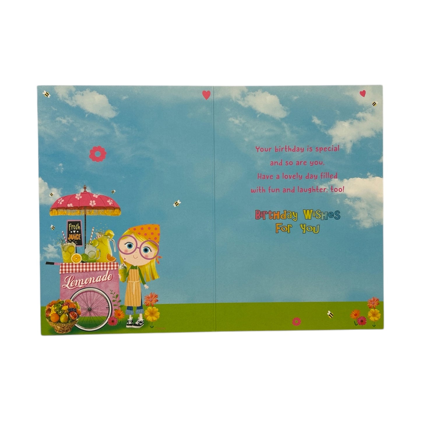 Open Female Juvenile Trendy Pops Girl with Lemonade Design Birthday Card