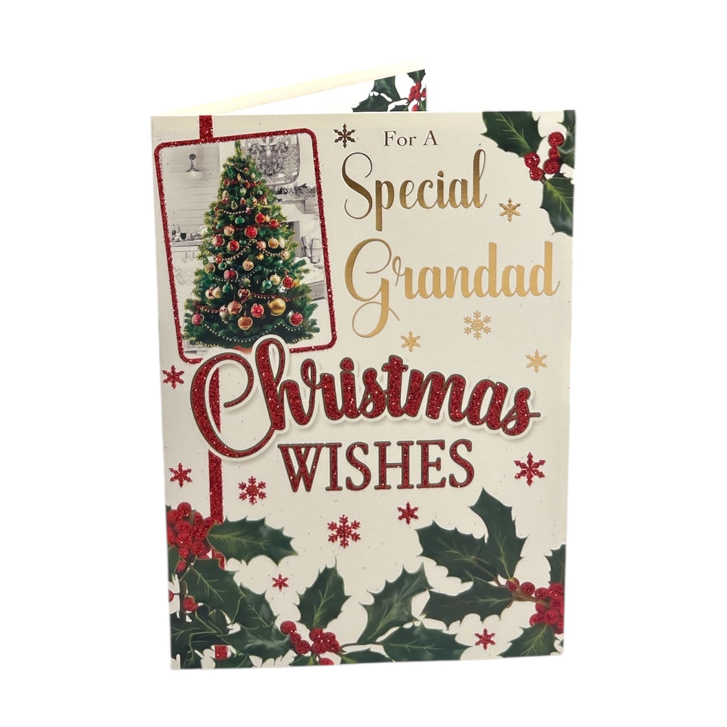 Traditional Tree & Holly Christmas Wishes Card For Grandad