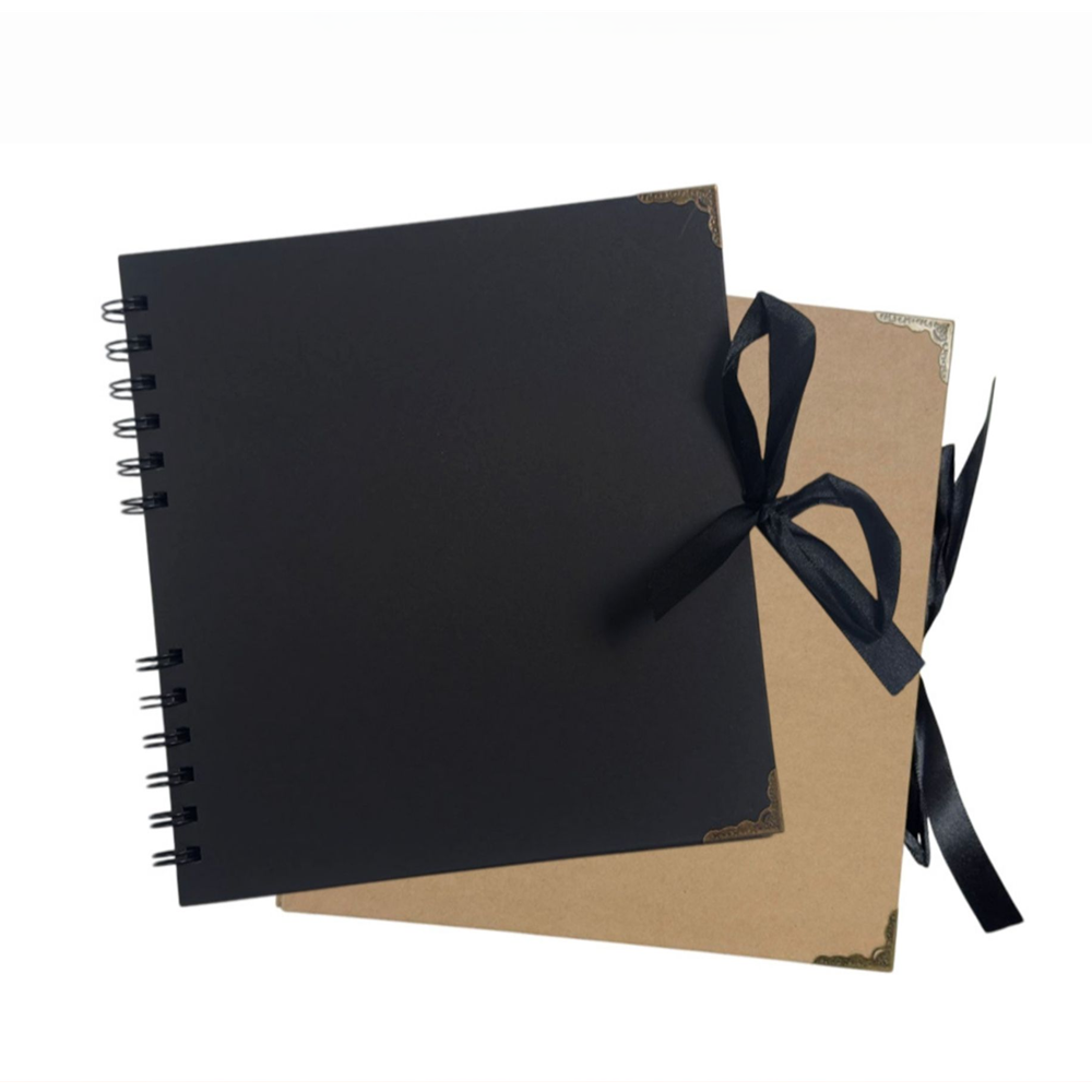 Pack of 12 Spiral Bound 180gsm Kraft & Black Scrapbooks with Ribbon Closure and Metal Corners - 30 Sheets 20x20cm