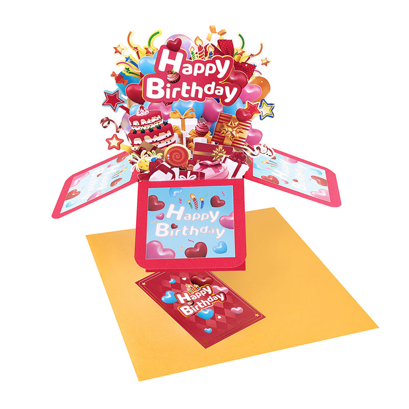 Heart Balloons Bright Red 3D Pop Up Birthday Box Card - Fireworks Cake Surprise Gift Box