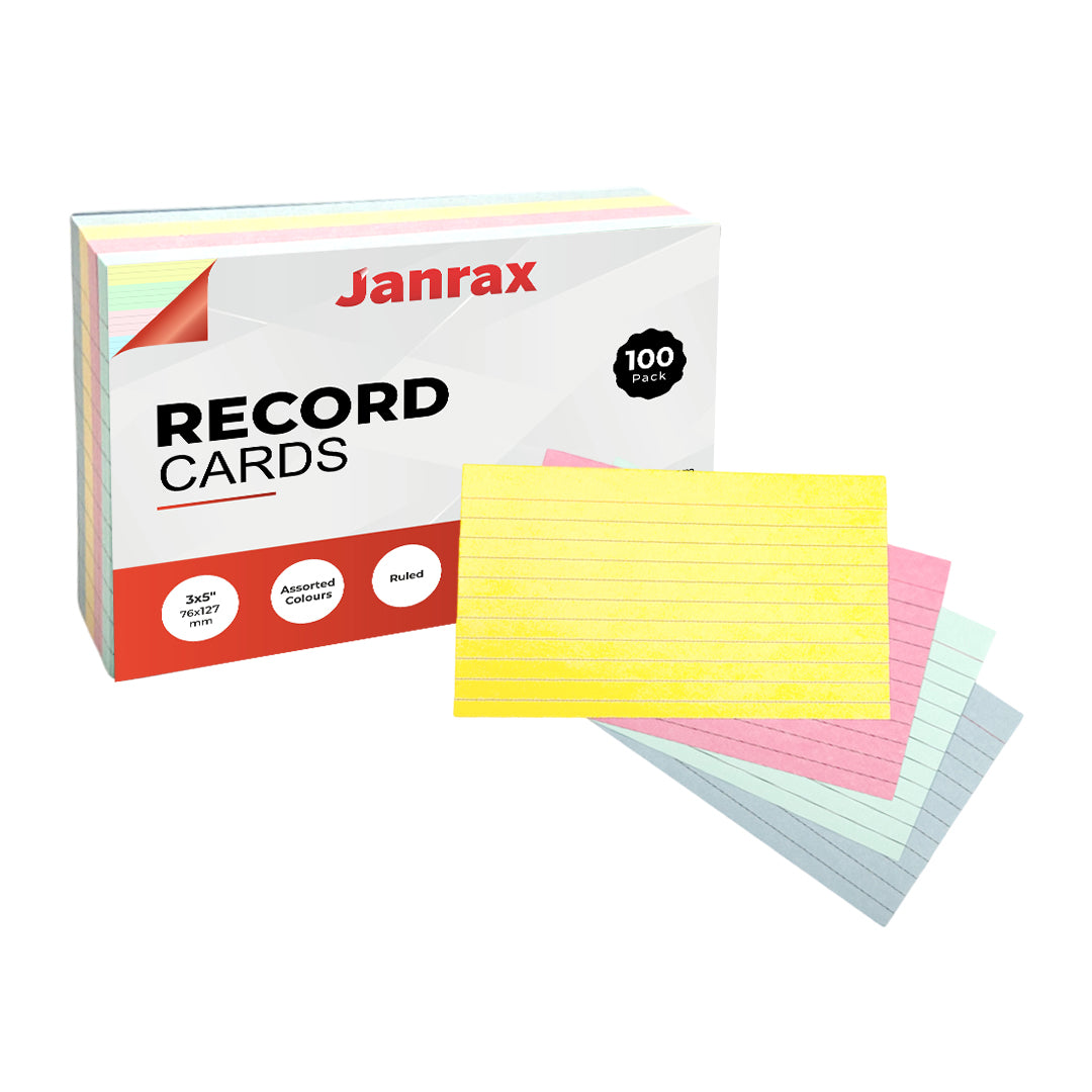 Pack of 100 Assorted Colour Ruled 5x3" Record Cards – Lined Study Index Cards for Notes, Revision