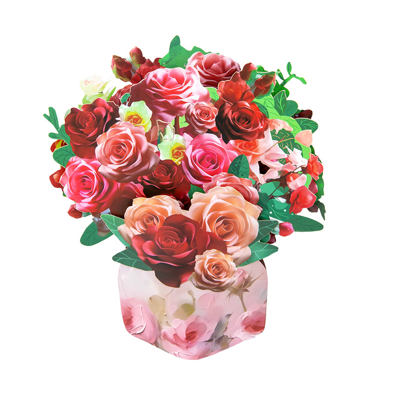 Blushing Blooms Rose Bouquet 3D Pop Up Vase Greeting Card