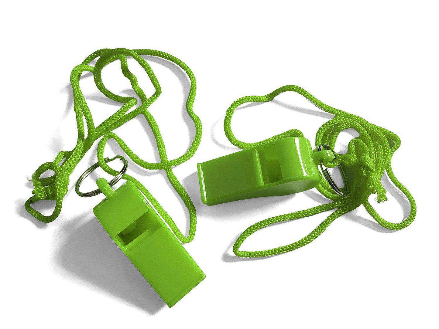 Bag of 10 Green Plastic Whistles with Lanyard Neck Cord