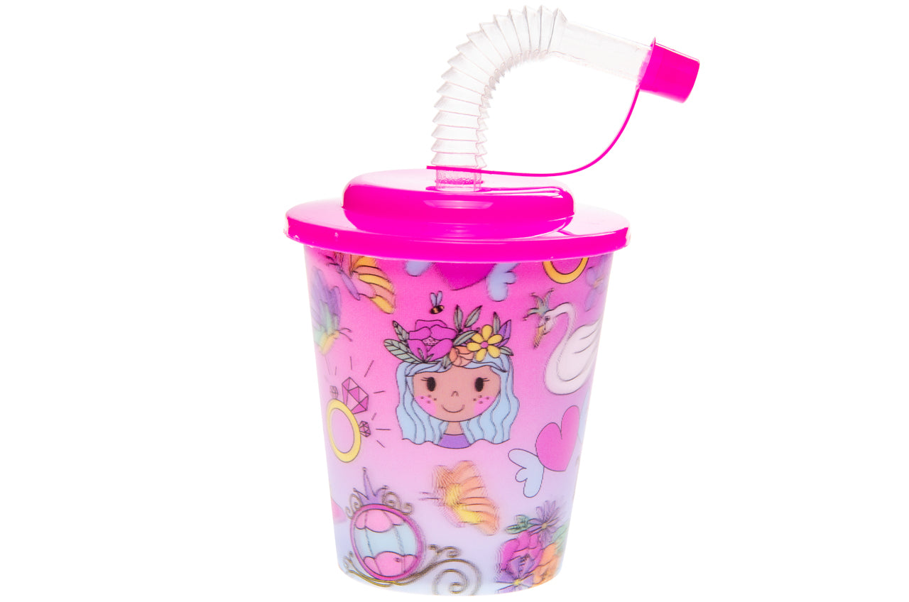 Pack of 12 Princess Theme 3D Cup With Straw and Lid