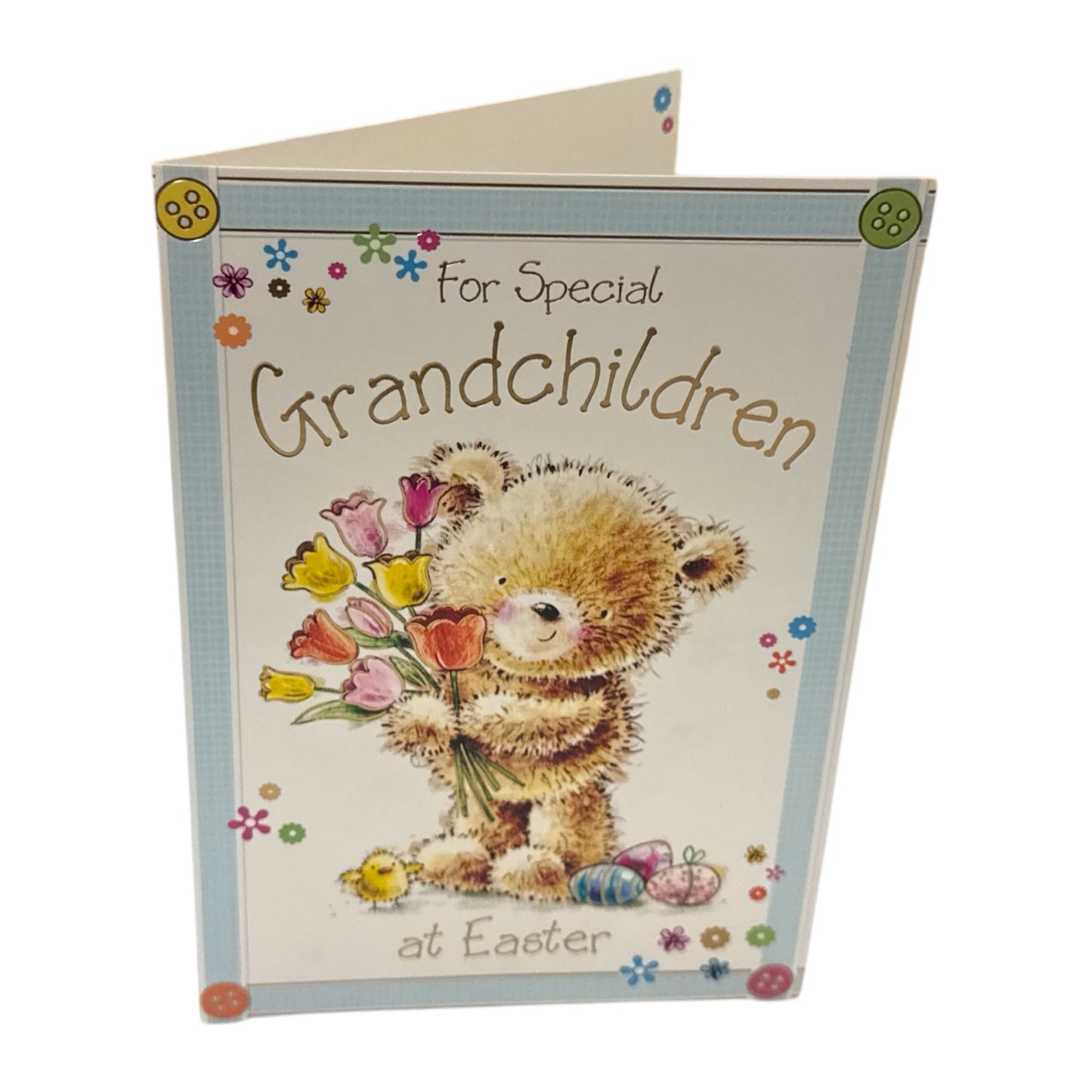 For Special Grandchildren Cute Teddy & Bouquet Design Easter Card