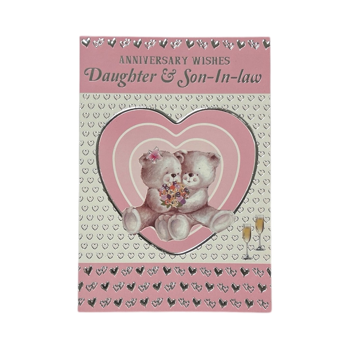 Daughter & Son-in-law Cute Teddies In Pink Heart Anniversary Card