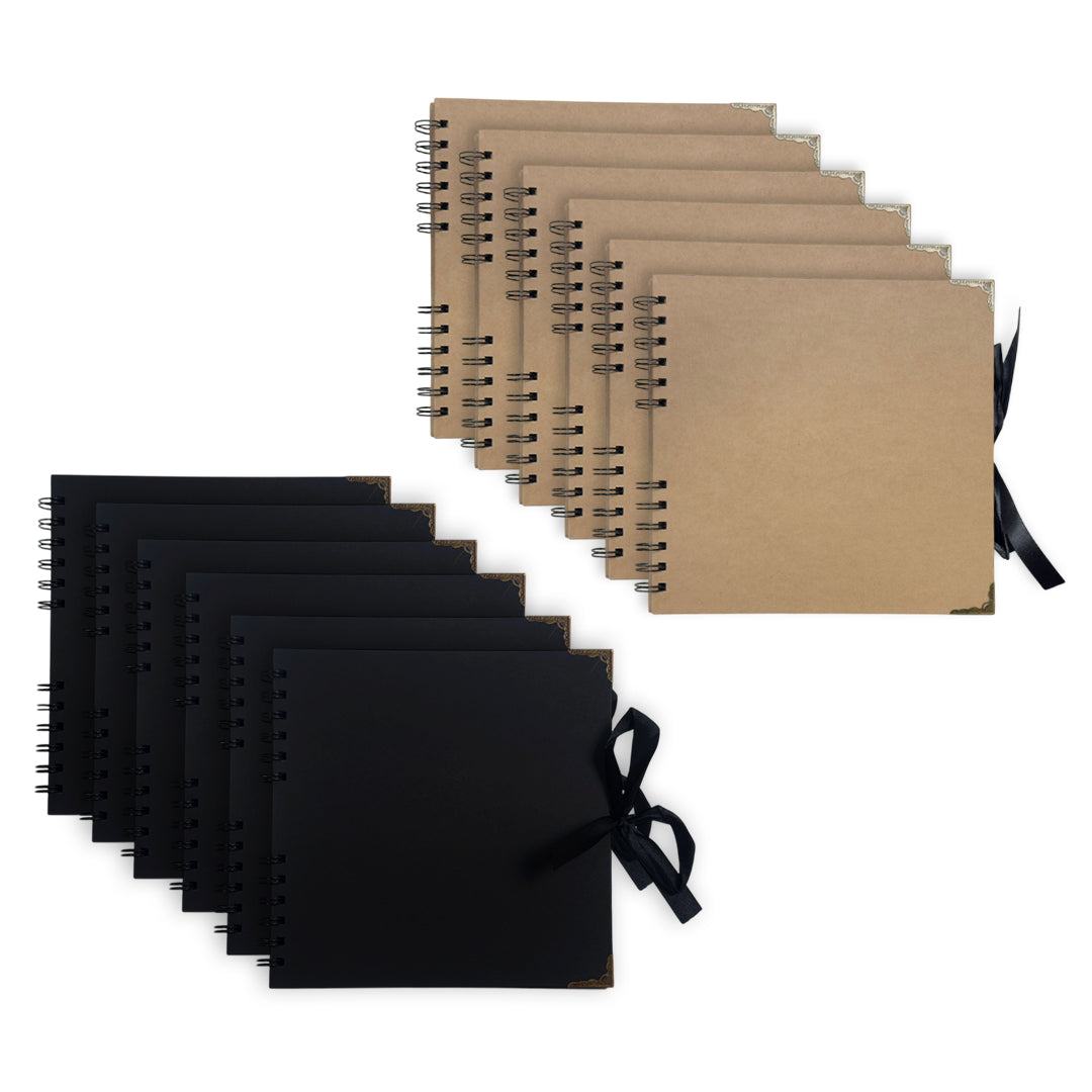 Pack of 12 Spiral Bound 180gsm Kraft & Black Scrapbooks with Ribbon Closure and Metal Corners - 30 Sheets 20x20cm