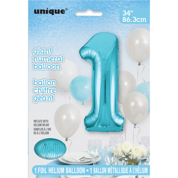 Powder Blue Number 1 Shaped Foil Balloon 34"