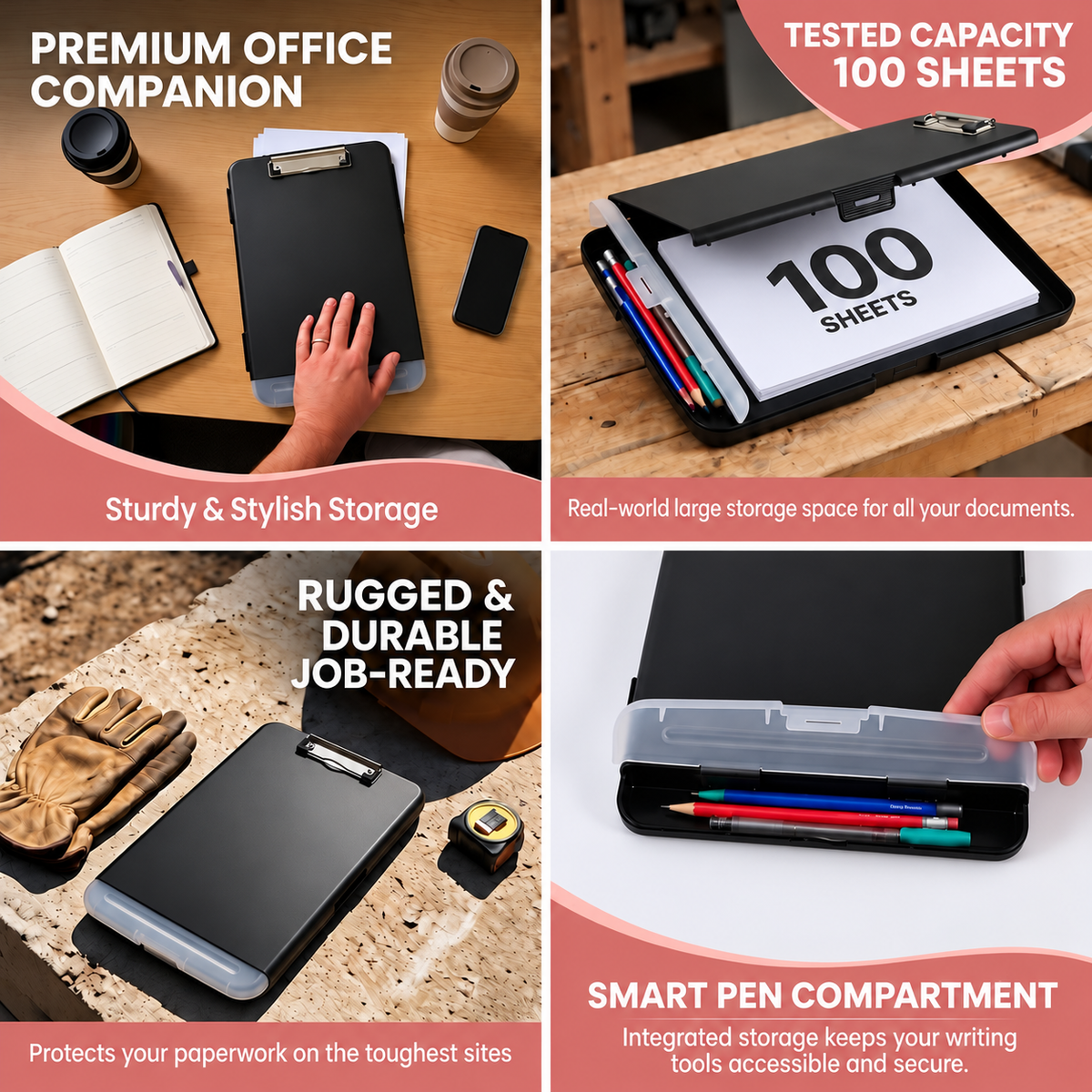 Pack of 12 A4 Black Plastic Clipboard Box Files With Pencil Holder - Storage Filing Case