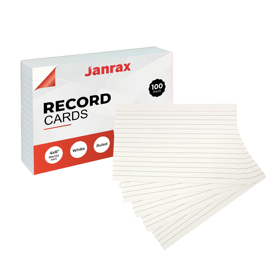 Pack of 100 White Ruled 6x4" Record Cards – Lined Study Index Cards for Notes, Revision
