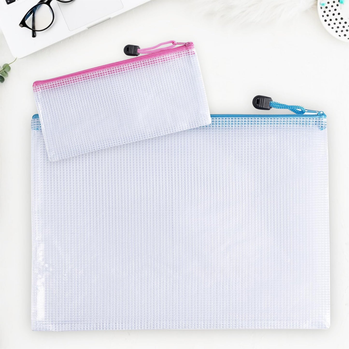Pack of 10 DL Assorted PVC Mesh Coloured Zip Bags