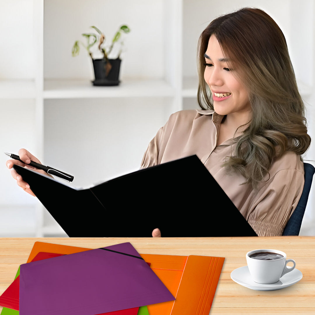 Janrax A4 Black Laminated Card 3 Flap Folder with Elastic Closure