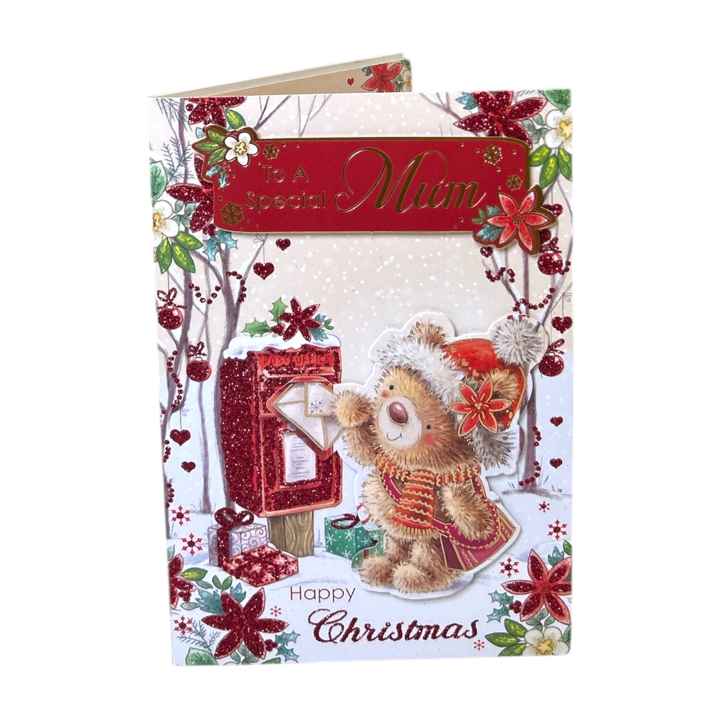 To a Special Mum Teddy At Mail Box Design Christmas Card