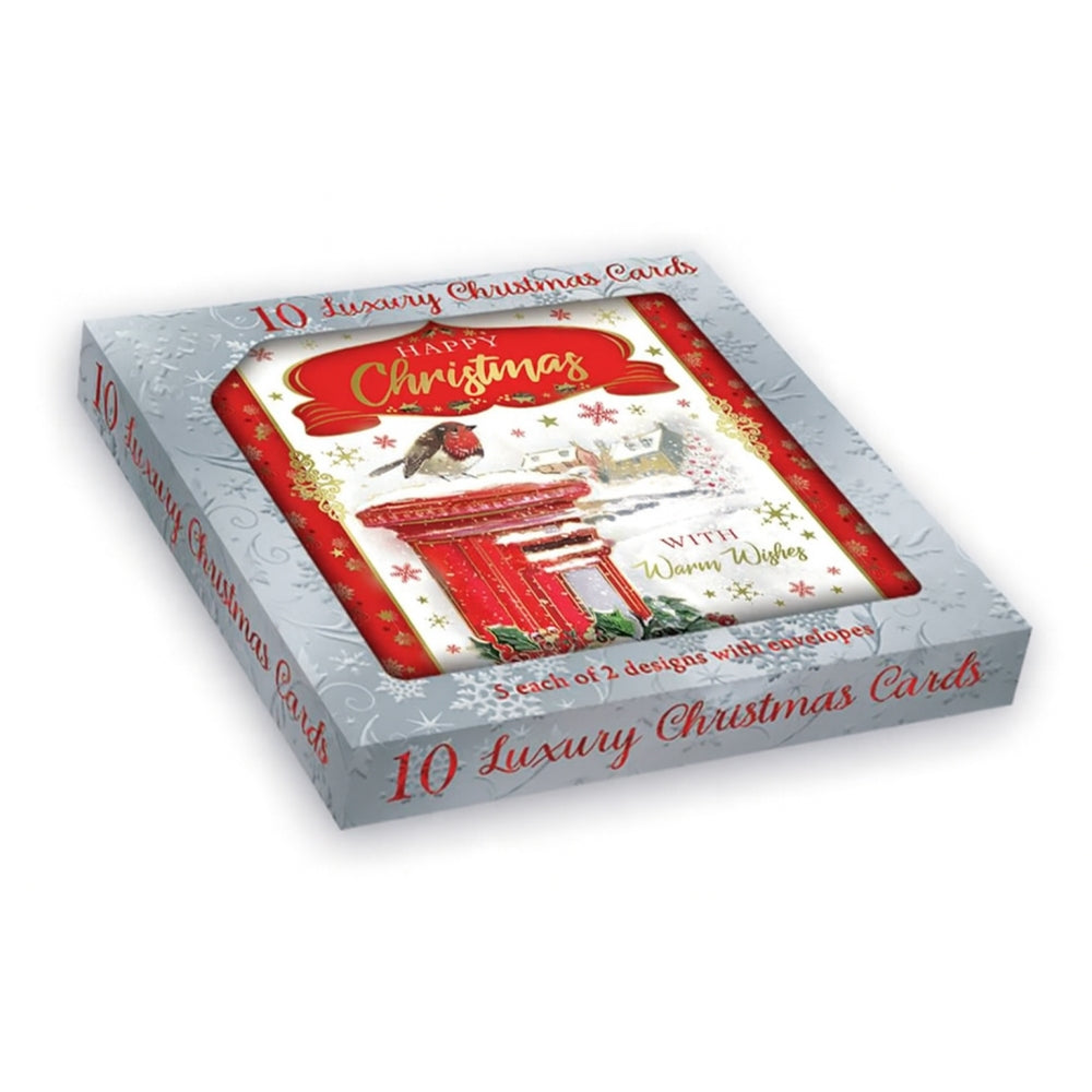 Pack of 10 Festive Postbox & Snow Scene Christmas Boxed Cards