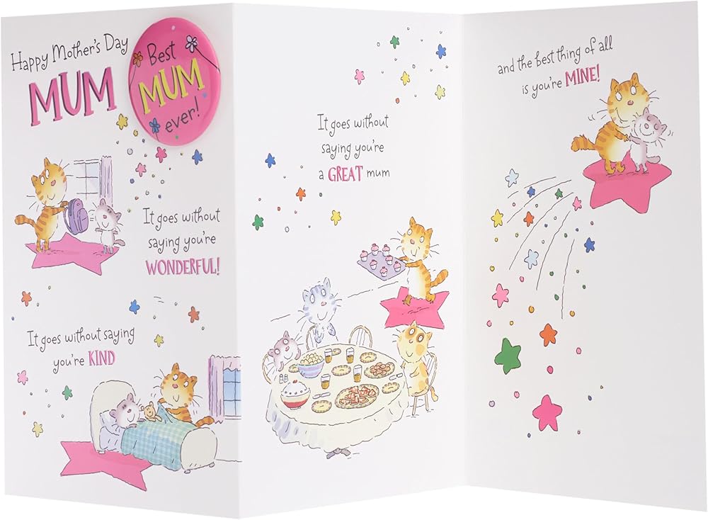 Cat Design Best Mum Mother's Day Card Includes Pin Badge