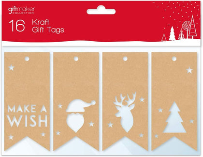 Pack of 16 Kraft Die Cut Christmas Gift Tags