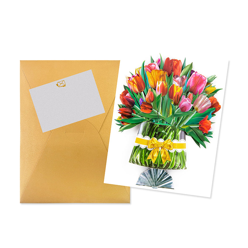 Colorful Tulip Bouquet with Ribbon Bow Design 3D Pop Up Card