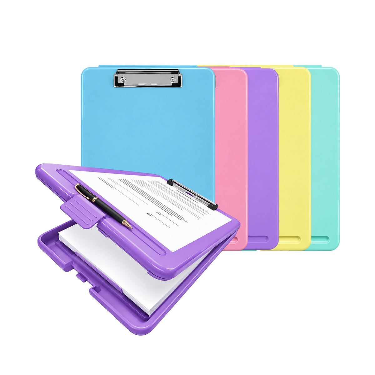 Pack of 10 A4 Pastel Coloured Plastic Clipboard Box Files - Storage Filing Case